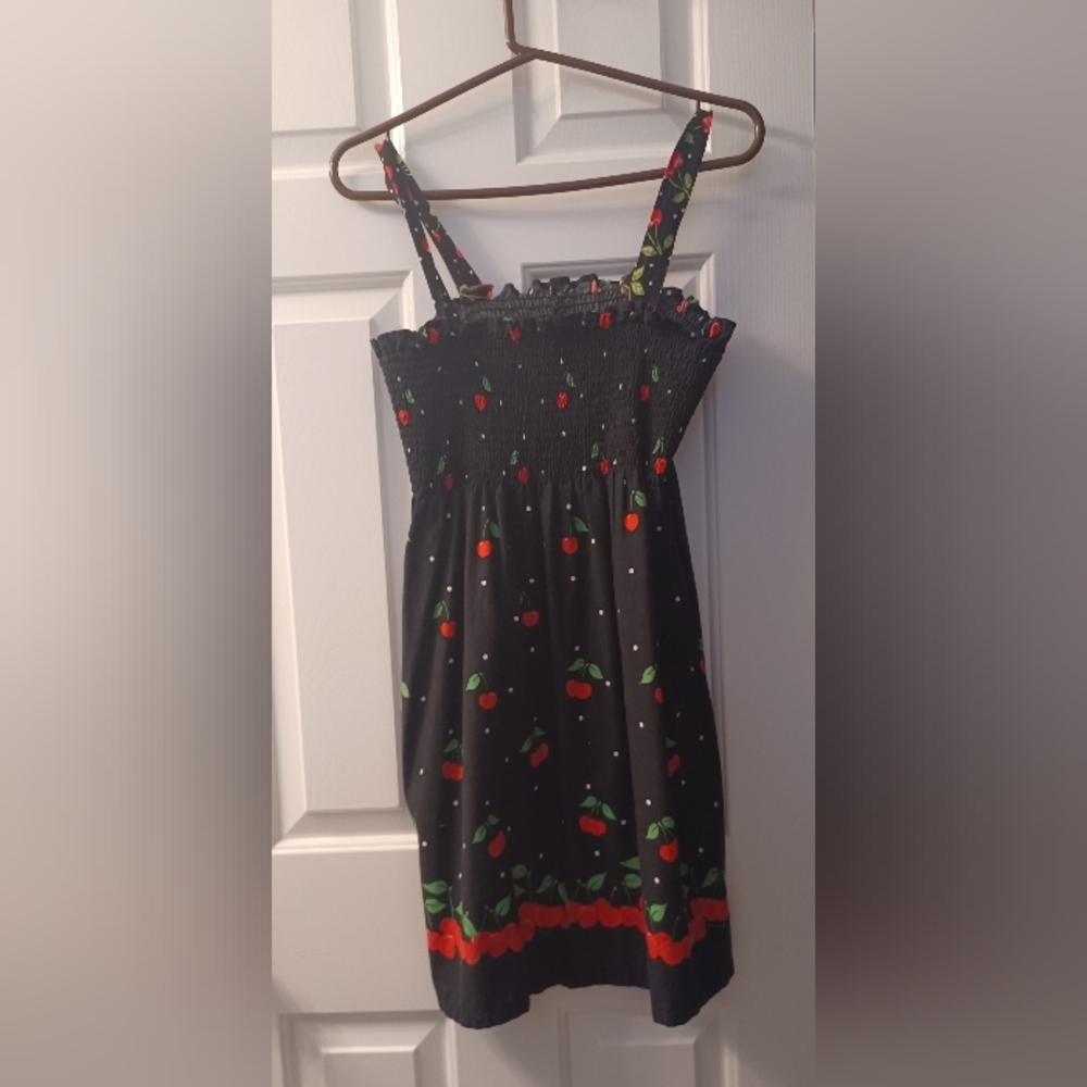 EUC Vintage Black Red Green Cherry Print Smocked Bodice Sleeveless Mini Sundress